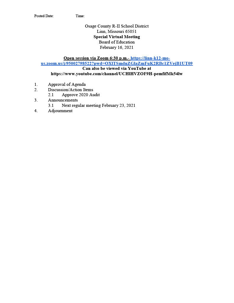 February 16 Agenda